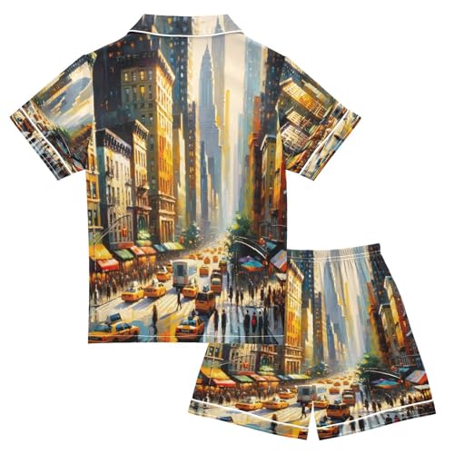 ALAZA New York Street Oil Painting Artwork Satin Pajamas Set Short Sleeve Button Down Sleepwear Summer Pjs 2 Piece2