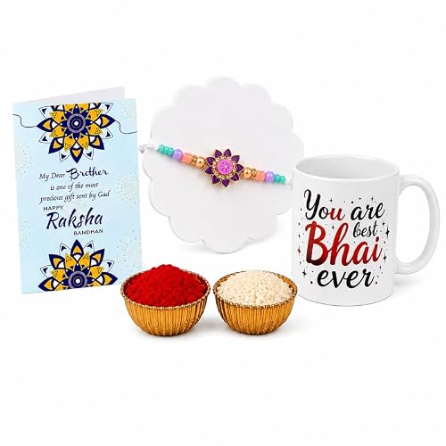 BUC Floral Rakhi & Mug Set | Best Bhai Ever Ceramic Mug | Ritual Kit Card | Raksha Bandhan 2026| 325ml ceramic mug You Are Best Bhai Ever | Complete tilak roli rice