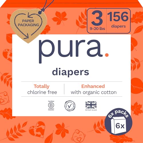 Image of Pura Hypoallergenic Diapers, Size 3 (9-20 lbs) Monthly Pack, Overnight, up to 12 Hours Leak Protection, Suitable for Sensitive Skin, TCF, Super Soft Organic Cotton, 6 Packs of 26 (156 Baby Diapers)