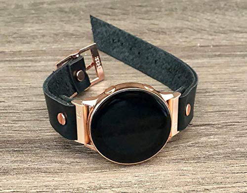 Miniatura 7 de Black Leather Rose Gold Metal Jewelry Band For Samsung Galaxy Watch Active 40mm Adjustable Size Wide Strap Bracelet Fashion Cuff Design Wristband