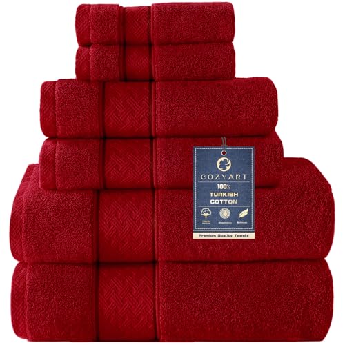 COZYART Red Bath Towel Set 6 Piece, Luxury 100% Turkish Cotton 650GSM Hotel Quality, Soft, Absorbent,Towel Sets for Bathroom | 2 Bath Towels 2 Hand Towels 2 Washcloths