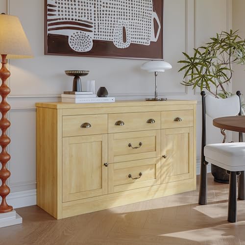 Aneutr Aparador cocina de madera 135 cm, mueble de cocina con 2 puertas y 5 cajones, mueble de almacenamiento estilo vintage, sideboard para sala de estar, comedor, dormitorio, oficina (madera+negro