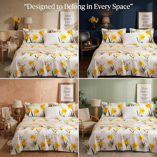 Image of BSB HOME 240 TC Cotton Bedsheet with 2 Pillow Covers, Soft Breathable Floral King Size Flat Bed Sheet - 90 x 100 Inches (228 x 254 cm) (Daffodil Yellow)