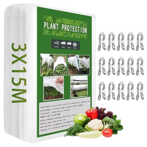 3 * 15M Vellón de Jardín de Plantas Vellón de Protección con 15 Clips Protección contra Heladas para Plantas Vellón de Protección contra Congelación para Invierno para Plantas 17g/m2