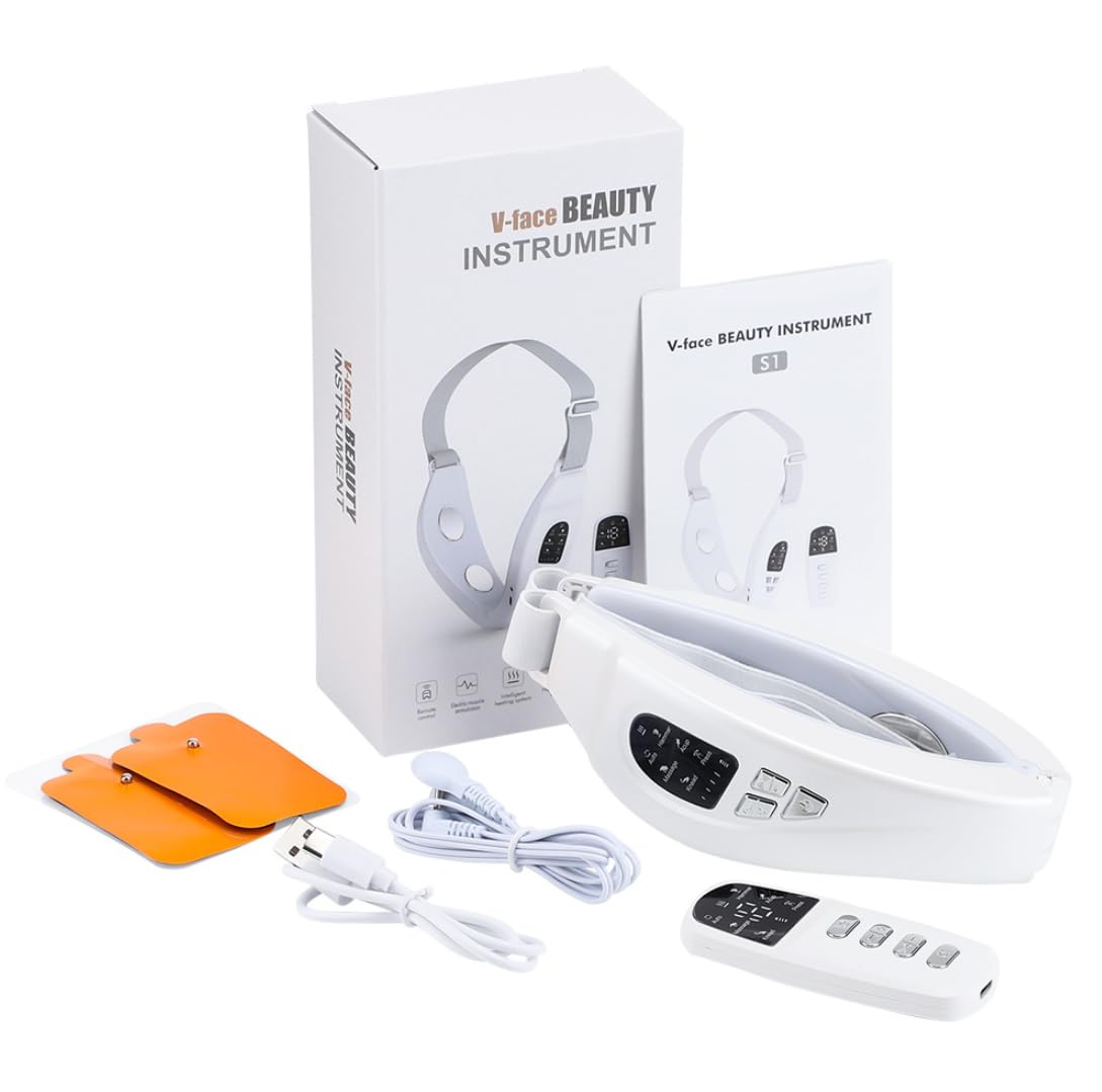 V-Face Shaping Massager Electric,Double Chin Reducer,Microcurrent Face Lift Device,40°C Red Blue Light Therapy LED SkinTightening Machine,Jawline Exerciser with 6 Modes and Remote Control