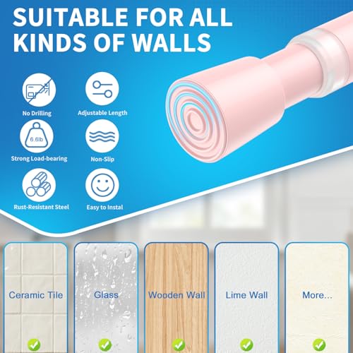 Image of AIZESI 2 Pack Tension Curtain Rod for Windows 26.5 to 36 inch, Adjustable Expandable Pressure Spring Curtain Rod No Drilling, Pink Curtain Rod for Bedroom Doorway Closet Door
