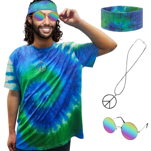 XonyiCos Disfraz hippie para hombres y mujeres, camiseta colorida de los años 60 y 70, diadema de gafas de sol, collar de la paz, 4 piezas para fiesta temática (azul juego de 4 piezas, XXL)