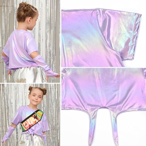 Image of Perfashion Girls Metallic Shirts Shiny Tie Front Knot Crop Top with Arm Sleeves for Dancing Raves Festivals 4-15 Years