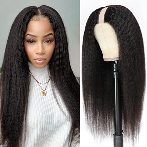 msVenus U Part Human Hair Wig 28 Inch Kinky Straight U Part Wig Gulueless Yaki Straight Wigs Upgraded 1x4 U Shape Clip in Wigs Remy Human Hair Extension 150% Density Natural Color