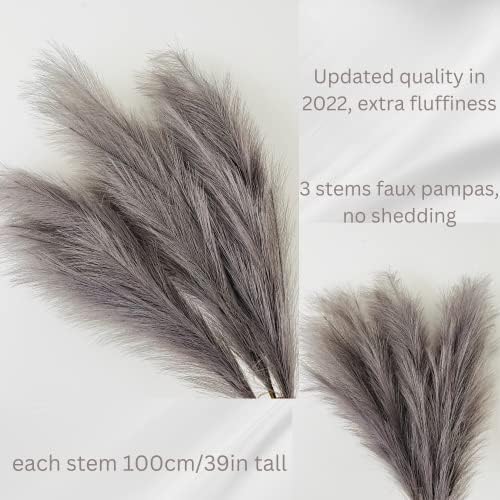 100cm Tall Pampas Grass Grey, Pampas Grass Large, Artificial Pampass, 3 Stems Fluffy Faux Feathers, Fake Plants Flowers For Boho Decor Floor Vase, Living Room Accessories, Room Decor Aesthetic Bedroom