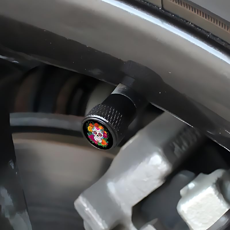 4-Pack Day of The Dead Valve Stem Caps – Vibrant Sugar Skull Tire Air Caps, Thickened Aluminum Material, Universal Fit for Cars, Trucks, Motorcycles, Car Tire Personalized Decorative Caps