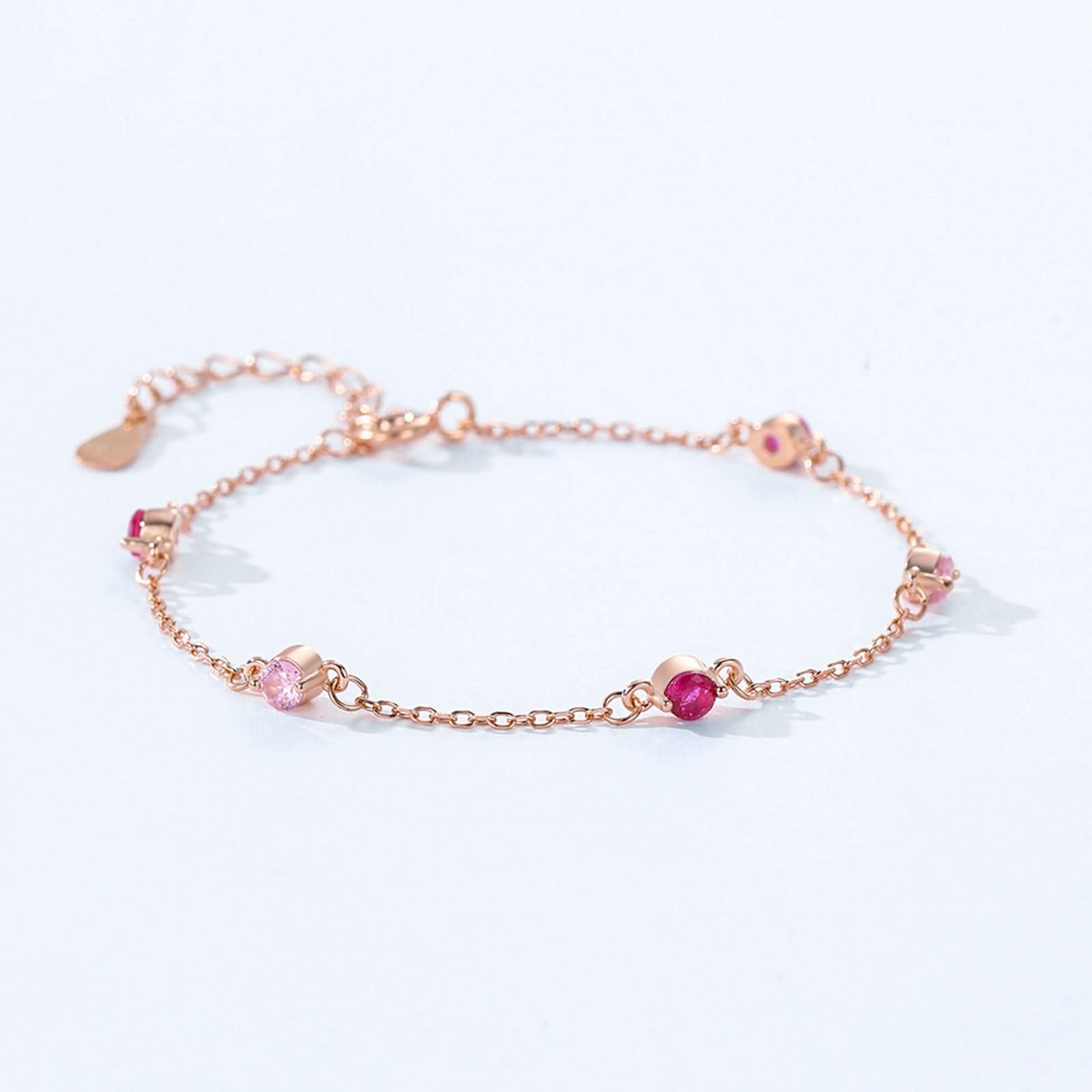 Pulseras Mujer de Oro Rosa de 9 Kilates / 14 Kilates / 18 Kilates, Redondo con Zafiro Rosa Creado y Rubí Creado, Cadena Extensible 16 CM + 5 CM, Pulseras Mujer de Oro Rosa