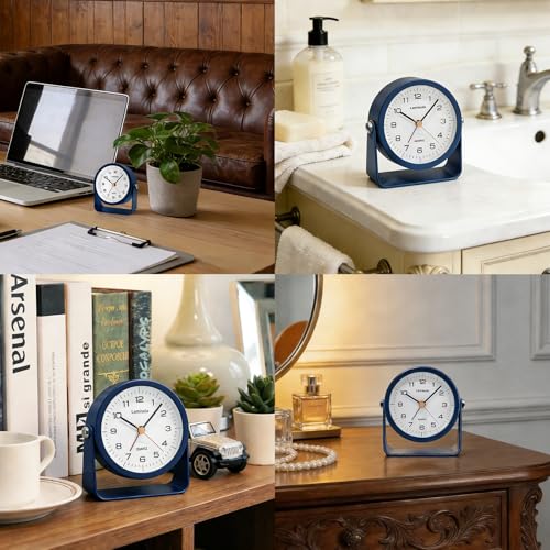 Image of Lamisola 3.5 Inch Small Desk Battery Clock, Alarm Clock for Bedroom, Blue | Travel Clock for Bathroom Table Shelf Bedside, Cute Metal Vintage