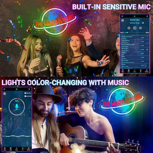 Image of The World Is Yours Neon Sign, 7 RGB Color Planet LED Neon Light Lamp for Wall Decor, Man Cave Home Bar Bistro Club Cafe Wedding Game Room Bedroom Birthday Gift Graduation Party