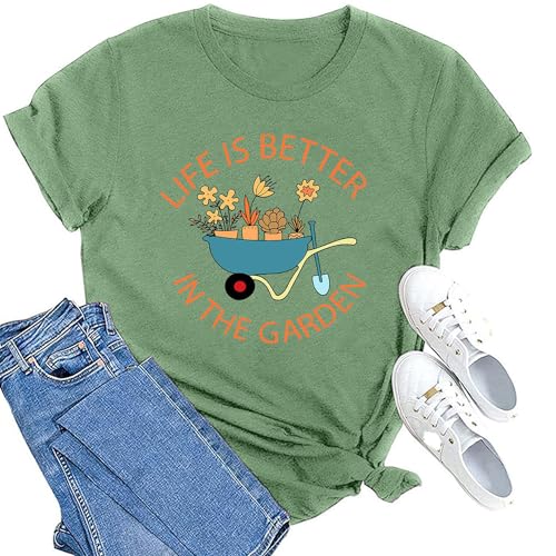 MAIHUN Garden Shirts for Women Plant Lover T-Shirt Life is Better in The Garden Letter Print Tee Gardener Gift Tops