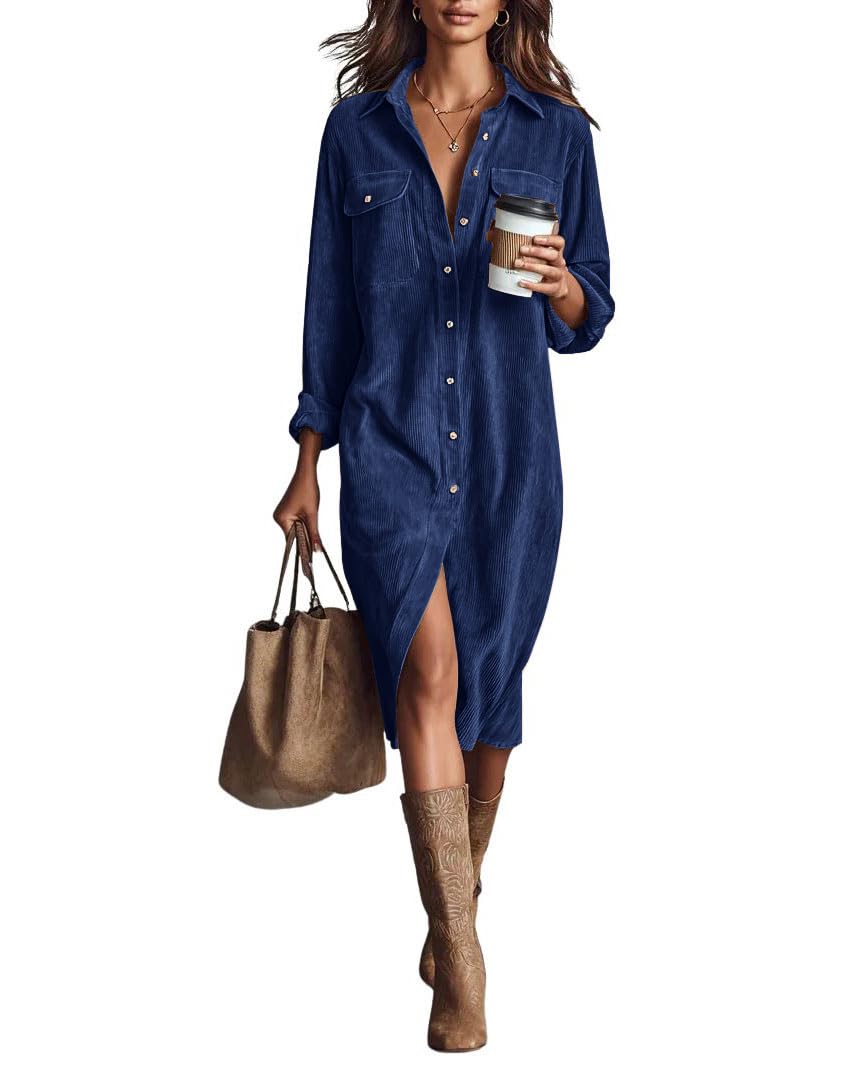 Photo 1 of chouyatou Women's Fall Corduroy Button Down Shirt Dress Casual Lapel a Line Pleated Tunic Shift Midi Long Dress (Small, Navy Blue)