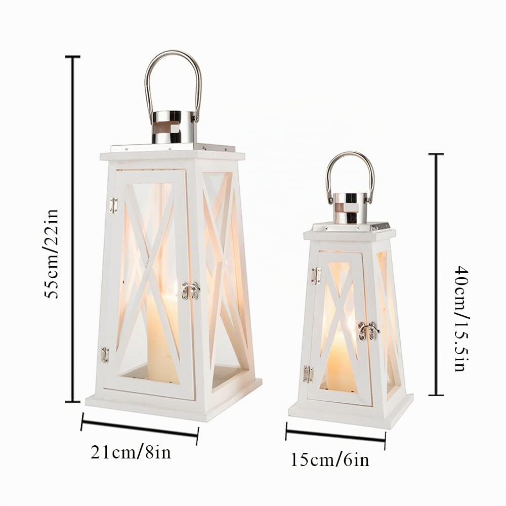 TRIROCKS 2 Stück Kerzen Laternen 55 cm & 40 cm Hoch Holz Weiß Kerzenhalter Vintage Kerzenständer mit Glas Silber Metallring Gartendeko Grablaterne Balkon Deko für Muttertag Hochzeit