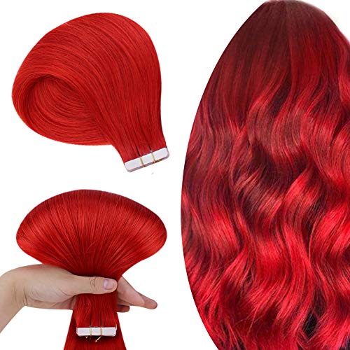 Hetto 14 Inch Tape in Hair Extensions Human Hair for Woman Remy Glue on Hair Double Sided Tape Hair Extensions Red Hair Tape in Invisible 10 Pieces 20G Per Pack