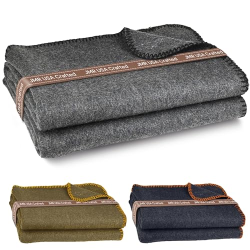 JMR Wool Camping Blanket – Warm Heavy Car Blanket & Camp Quilt – Survival Emergency Blanket for Sleeping Outdoors – Multi-Use Wool Blanket for Camping, Car & Home – 70% Wool, Grey, 62X84