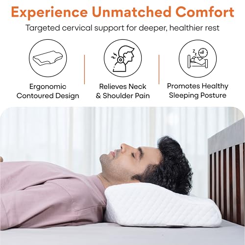 Image of FOVERA Memory Foam Cervical Pillow for Neck Pain | Orthopedic Contour Neck Support Pillow for Sleeping, for Neck and Shoulder Pain, Dual Height (White Jacquard Cover, Pack of 1)