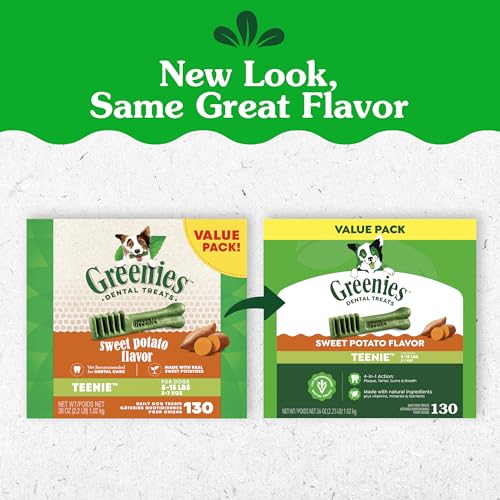 Image of Greenies Teenie Natural Dental Dog Treats, Sweet Potato, 130 Count | Cleans teeth, freshens breath, fights plaque & tartar, for dogs 5-15 lbs, Sweet Potato Flavor, 36 oz. Pack