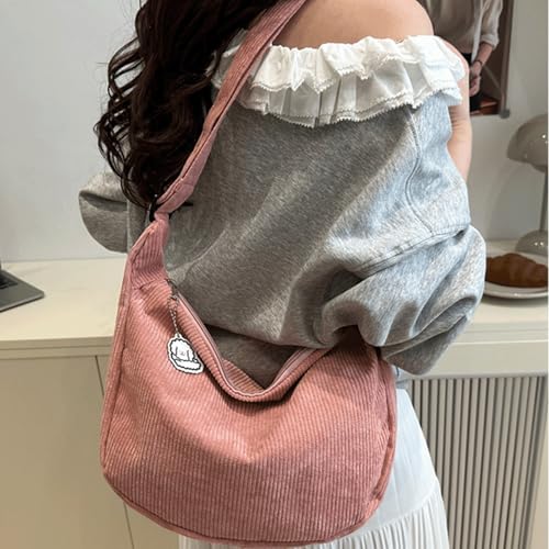 Corduroy Tote Bag with Little Charm Vintage Corduroy Half Moon Shoulder Bag Casual Crescent Tote Underarm Satchel for Women2