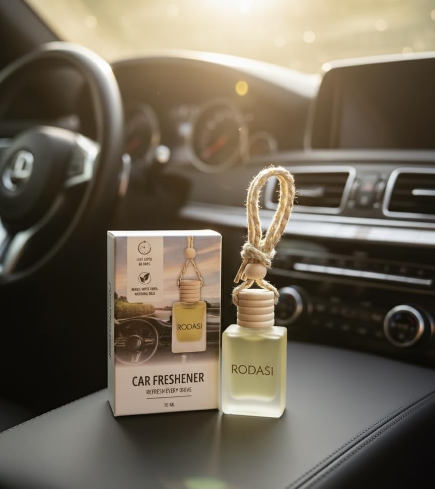 Rodasi Sandalwood Car Air Freshener | Hanging Car Perfume with Essential Oils | Long-Lasting Aroma in Glass Bottle with Wooden Diffuser Lid | 10ml Hanging Car Scent (Pack of 1)