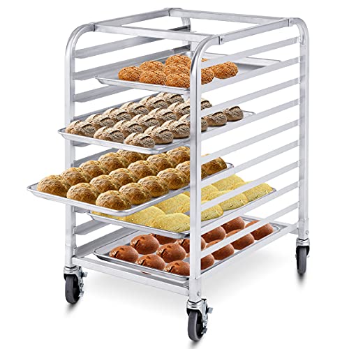 ReunionG 10 Tier Bun Pan Rack, Bakery Rack with 2 Lockable Wheels, 10 Sheet Aluminum Storage Cooling Trolley with Open Shelf, Dough Pizza Baking Mobile Rack for Home Commercial
