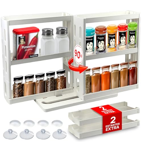 Organizador especias cocina con altura de estantes ajustables - Especieros para cocina extraible y giratorio - Organizador de especias cocina - Con 2 métodos de sujeción - Inlcuye QR con recetario