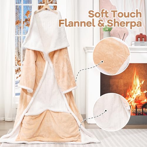 Wearable Electric Blanket with Foot Pocket and Sleeves, Heating Throw Blanket, 6 Heating Levels & Auto Shut Off, Machine Washable (Long, Beige)