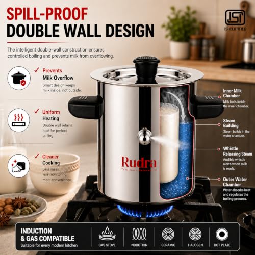 Image of Rudra Stainless Steel Long Milk Boiler 1L | Double-Walled Spill-Proof Design | Induction & Gas Compatible Milk Pan | Rust-Free 202 Grade Steel with Whistle Indicator
