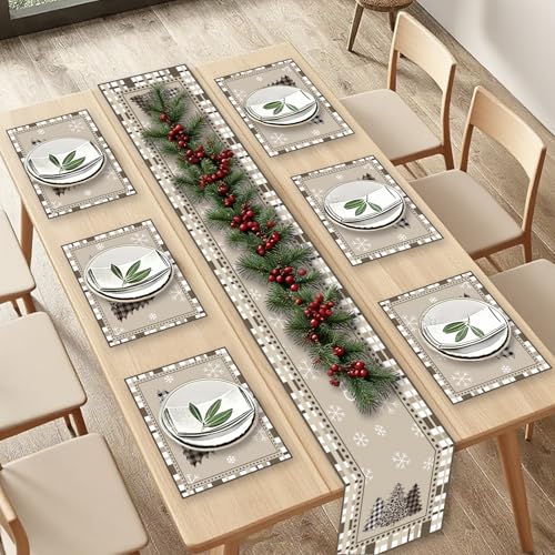 HAQIUHETO Weihnachtsbaum Tischdecke 40*200CM und 6 Tischsets 35*45CM...