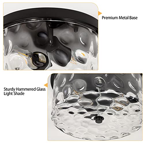 Image of LamQee 9.8 inch Small Flush Mount Ceiling Light With Clear Hammered Glass, Black Hallway Light Fixtures Ceiling Mount for Bathroom, 2-Lights Farmhouse Close To Ceiling Light Kitchen Foyer Entryway Bedroom