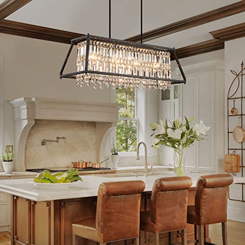Image of LMQNINE Chandeliers for Dining Room, 4-Light Trapezoidal Industrial Dining Room Light Fixture Farmhouse Chandelier Crystal Pendant Lights Kitchen Island Living Room (Black 35.43 inch)