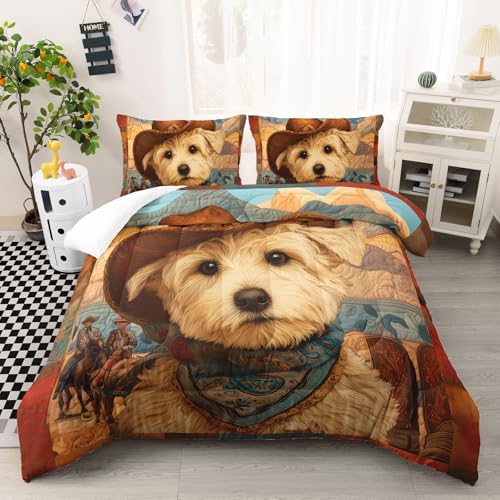 Image of AILONEN Western Cowboy Puppy Comforter Set Twin Size,Cowboy Dog Western Rustic Bedding Sets for Bedroom Decor,Desert Camel Duvet Set,1 Quilt with 2 Pillowcases,Soft Breathable