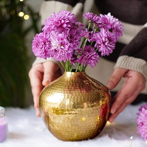 Image of BEHOMA Metal Hammered Flower Vase Set of, Golden - Set of 2 | Hammered Metal flower vase in Golden - for fresh or artificial flower displays for bedroom - great wedding gift (Set of 2)