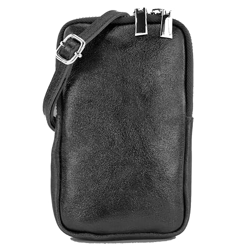 modamoda de T197 Damen Leder Handytasche 6,7 Zoll Umhängetasche handmade in Italy (Schwarz Metallic)
