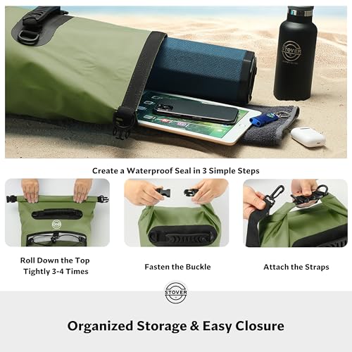 Image of STOVER 5 /10 /25 /30 /40L Waterproof Dry Bag & Phone Case - Large Floating Dry Backpack for Kayaking, Travel, Hiking, Fishing, Camping, Motorcycles & Beach, Heavy-Duty Roll Top Men /Women (Green)
