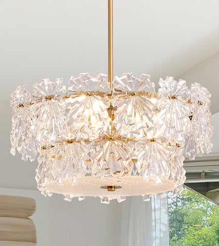 18“ Glass Drum Chandelier for Dining Room, 4-Light Gold Modern