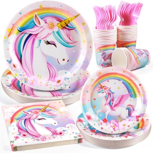 Unicorn Birthday Party Supplies Set, Disposable Tableware for 24 ...