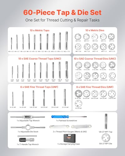 Image of VEVOR Tap and Die Set, 60-Piece Metric and SAE Sizes M3 to M12, #4 to 1 /2 inch, with Coarse and Fine Thread Taps and Dies, Wrench, Carrying Case and Complete Accessories, for Threading and Rethreading