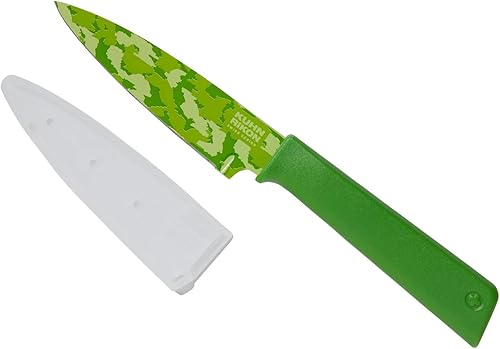 Kuhn Rikon Colori+ Cuchillo de pelar recto antiadherente con funda de seguridad, hoja de 4 pulgadas4.0 in, color verde camuflaje