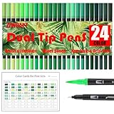 ZZWUAPT Green Double Tip Brush Pens Art Markers,24 Colored Artist Fine Brush Pen Coloring Markers for Adult Drawing Art Craft Kit