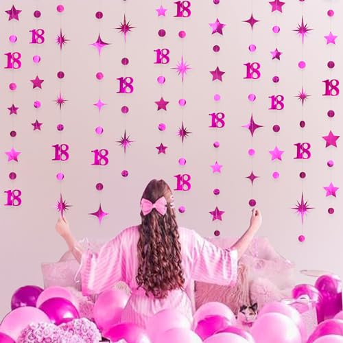 Image of Hot Pink 18th Birthday Decorations Number 18 Circle Dot Twinkle Star Garland Metallic Streamer Banner Backdrop for Girls Happy 18th Birthday Time to Adult Cheers to 18 Years Old Anniversary Party