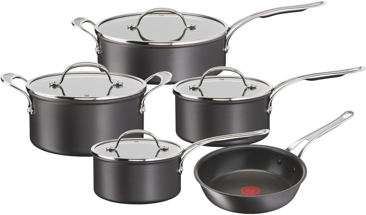 Tefal Jamie Oliver Cook’s Classics Pots & Pans Set, 5 Pieces, Non-Stick, Oven-Safe, Induction, Glass Lids, Riveted Handle, Hard Anodised Aluminium, H9125S44