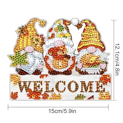 Image of AiYuanzsh Autumn Gnome Diamond Painting Hanging Sign, 5D DIY Acrylic Crystal Rhinestone Diamond Art Kit Pendant, Welcome Fall Decor for Door, Wall or Porch