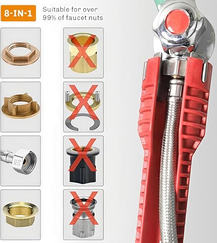 Image of WENDOVER 8 in 1 Multifunctional Sink Wrench, Faucet & Basin Installation & Removal - Comfortable Non Slip Grip, Pipe & Tub Drain Removal Nut Wrench for Bathroom, Kitchen, & Laundry - Plumbing Repairs