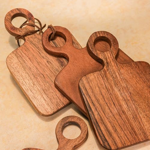 Image of River | Loop Acacia Wood Serving Board Set of 4| 7.5x5x2.25 Inch | Food Safe Rectangular Cheese & Dessert Serving Platter for Cupcakes, Pastries, Donuts, Fruits, Snacks | Brown