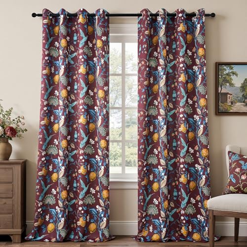 Image of Topfinel Rust Floral Curtains 96 Inches Long 2 Panels Unique Beige Luxury Elegant Colorful Euro Flower Hummingbird Patterned Rustic Vintage Grommet Drapes for Classroom Room Office Closet