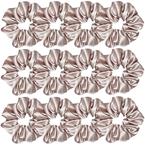 12 Pcs Satin Silk Scrunchies, Soft Hair Ties, Fashion Bands, Bows, Ropes, Elastic Bracelets, Ponytail Holders, Hair Accessories for Women and Girls (4.5 Inch, Champagne)